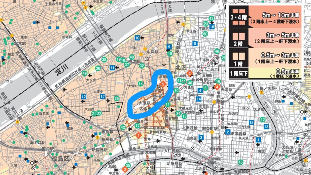 大阪市の水害ハザードマップ（大阪駅近辺）