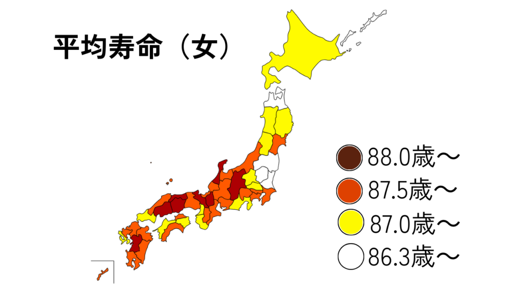 都道府県別平均寿命（女）地図で表現
