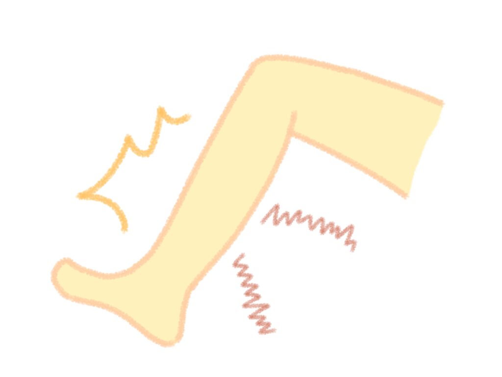 夜間のこむら返りでふくらはぎを押さえ痛みを感じる人のイラスト。寝てる間に起こる足のつりを予防する方法を解説。