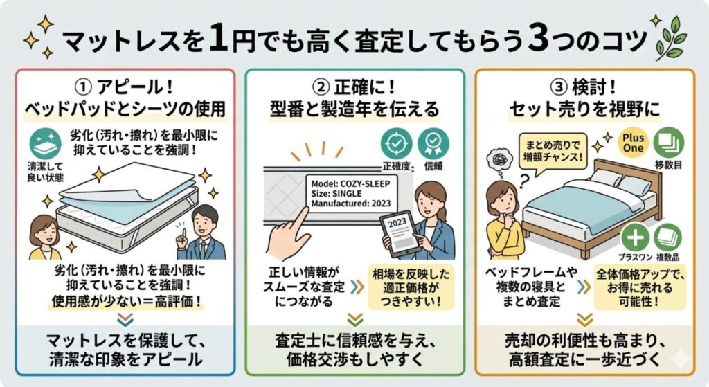マットレスを1円でも高く査定してもらうための3つのコツ図解