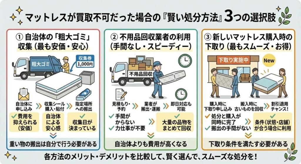 マットレス買取不可だった場合の「賢い処分方法」の図解