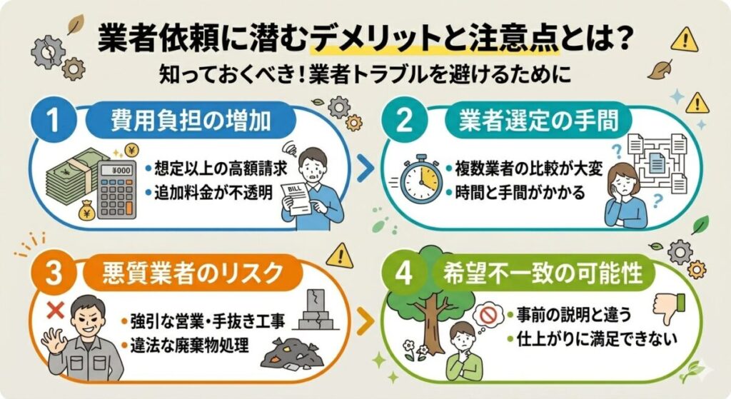 知っておくべき業者依頼の「デメリットと注意点」の説明画像