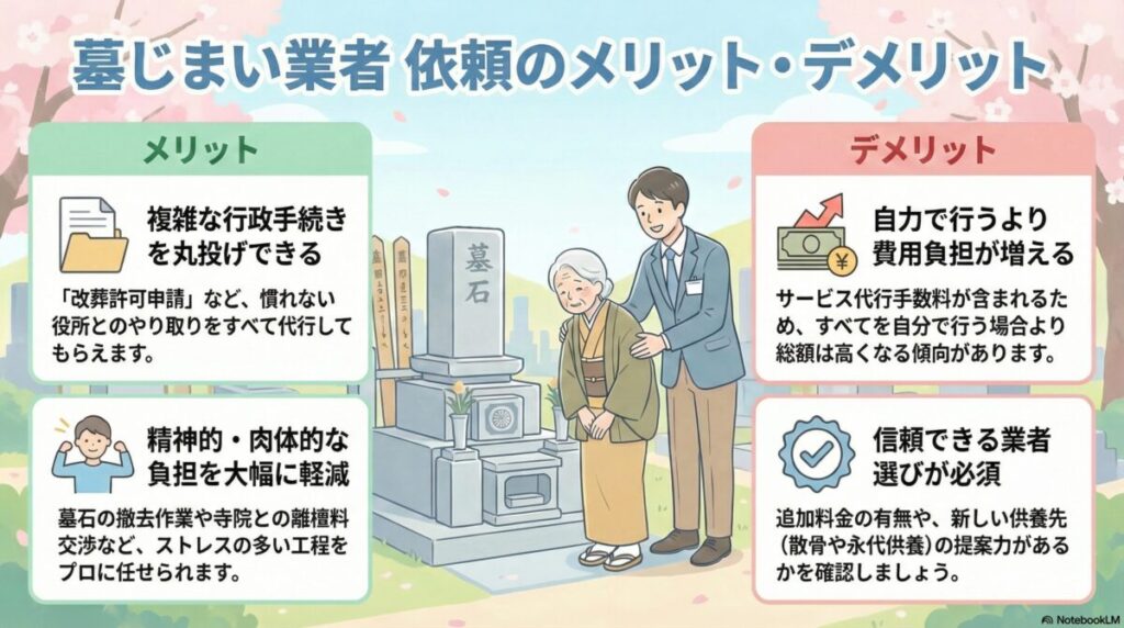 【遺品整理士が解説】墓じまい業者に依頼するメリット・デメリットとは?後悔しないための選び方と費用を抑える裏ワザのアイキャッチ画像