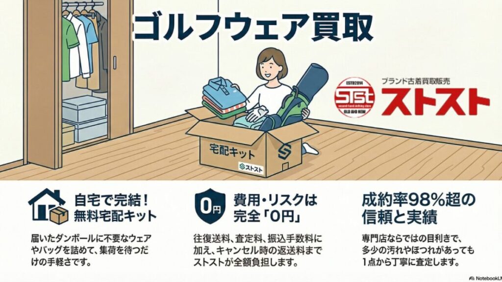 【遺品整理士が解説】ゴルフウェア買取「ストスト」の評判は？成約率98%超の理由と1円でも高く売るコツのアイキャッチ画像