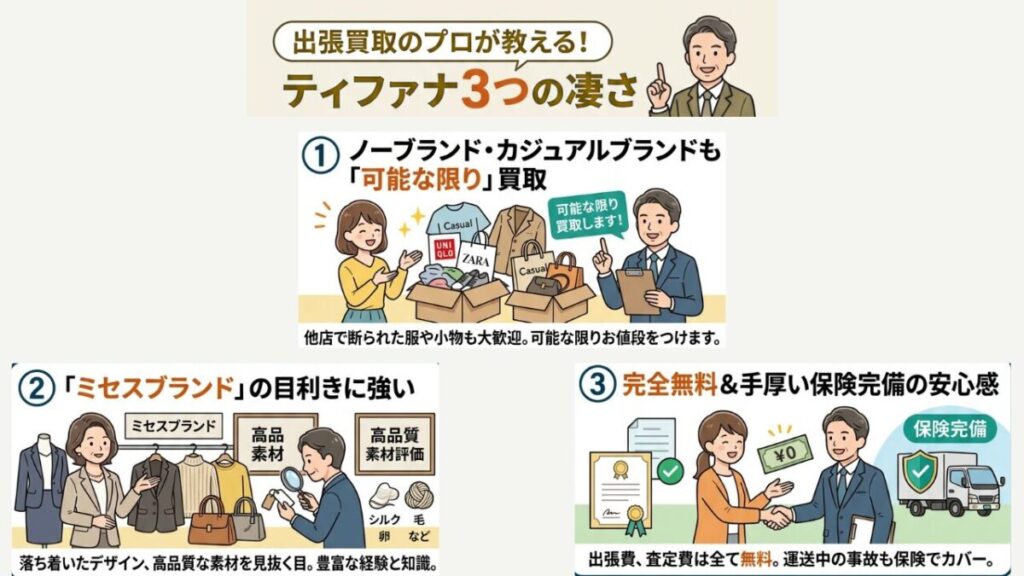 出張買取のプロが教えるリサイクルショップ ティファナの3つの凄さを表した図