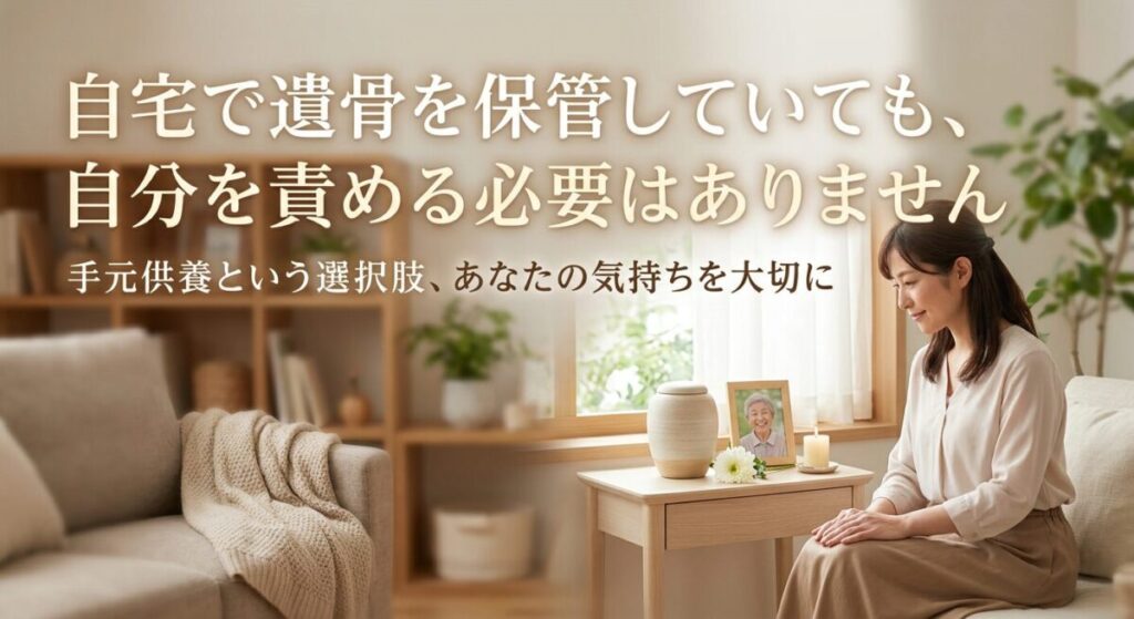 自宅で遺骨を手元供養しながら、故人の写真に手を合わせる女性のイメージ