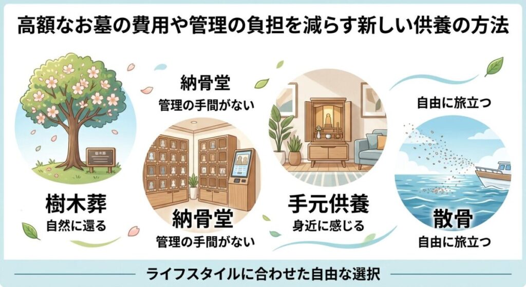 樹木葬・納骨堂・手元供養・散骨の4つの供養方法を比較したイラスト