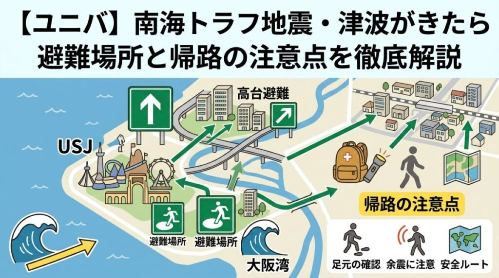 【ユニバ】南海トラフ地震・津波がきたら?避難場所と帰路の注意点を徹底解説のアイキャッチ画像