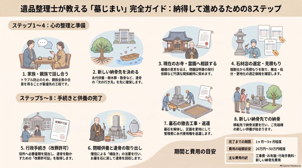 墓じまいの流れを8つのステップで示すフローチャート。ステップ1「親族で話し合う」、2「新しい納骨先を決める」、3「お寺に相談」、4「石材店選び・見積もり」、5「行政手続き（改葬許可証）」、6「閉眼供養・遺骨取り出し」、7「墓石撤去・更地化」、8「新しい納骨先へ納骨」という順序を左から右へ時系列で説明している。
