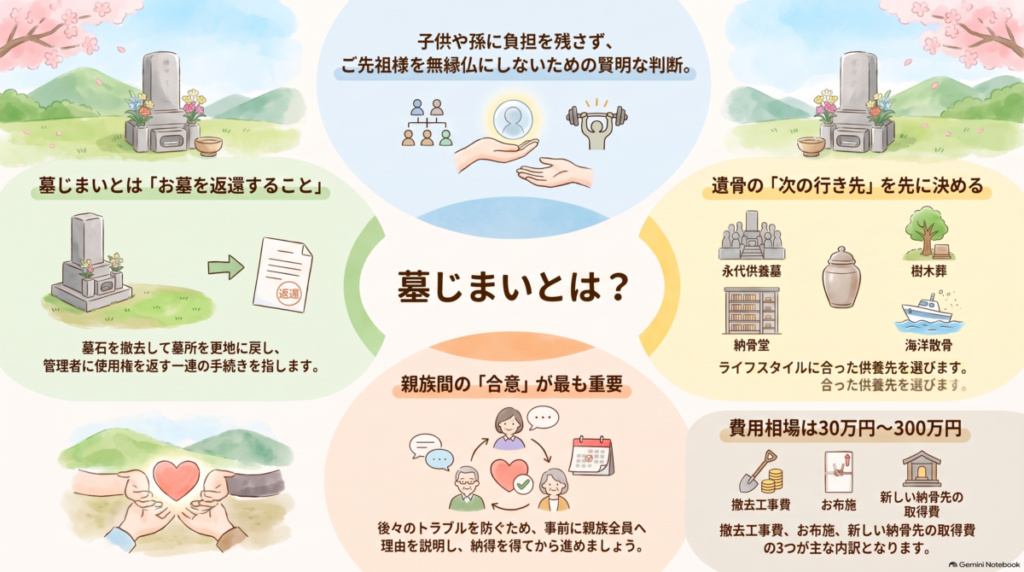 「先祖不孝にならない?」そんな不安を抱える方へ。次世代に負担を残さないための賢明な判断としての墓じまいを、費用・流れ・手続きの面から詳しく解説します 。