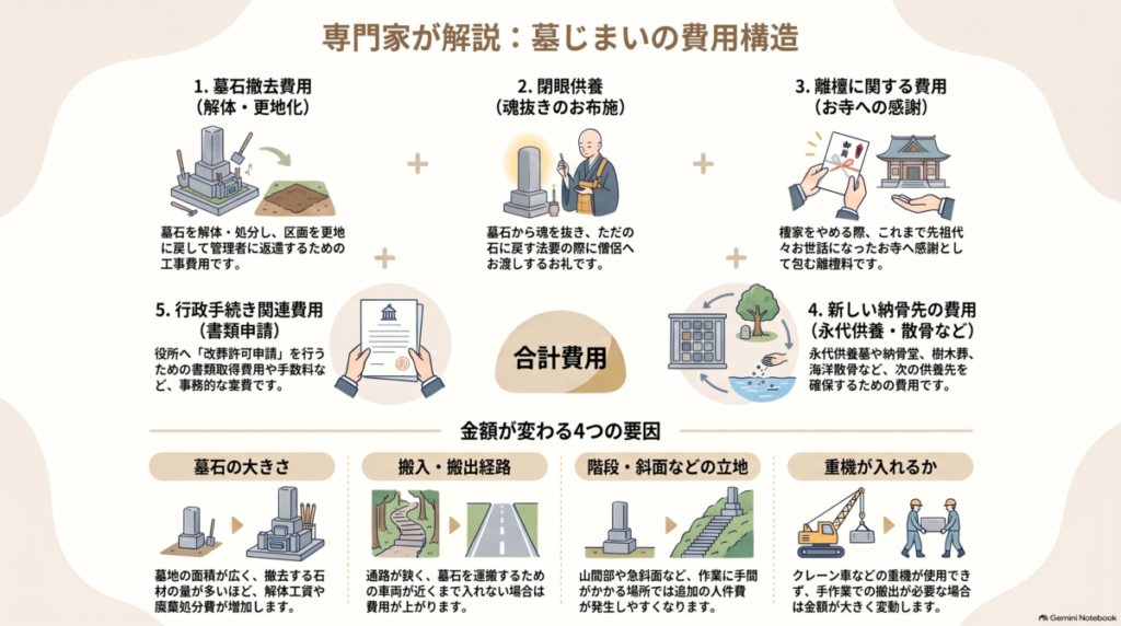  【遺品整理士が解説】墓じまいの費用構造。墓石の大きさや立地（階段・重機の可否）によって工事費は大きく変動します
。全体像を把握した上で、複数社から相見積もりを取るのが費用を抑えるコツです
。