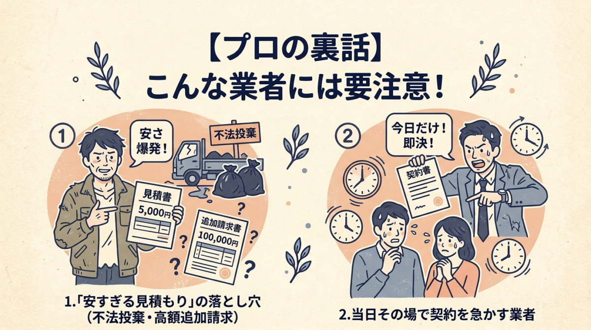 プロの裏話として注意が必要な悪い業者の特徴を解説する画像 安すぎる見積もりによる不法投棄や追加請求の危険性と当日その場で契約を急かす業者の例を紹介