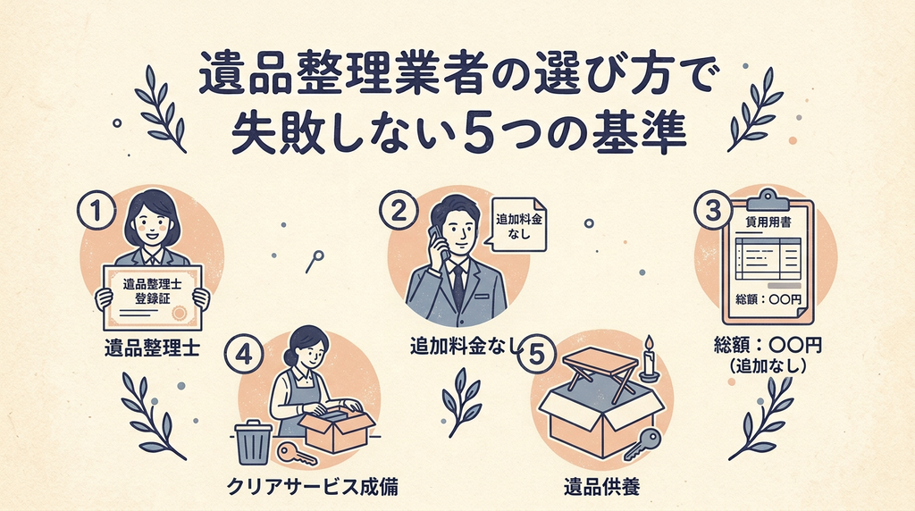 遺品整理業者の選び方で失敗しない5つの基準として 資格を持つ専門家 追加料金なし 明確な総額提示 丁寧な片付け 遺品の供養を説明するイラスト