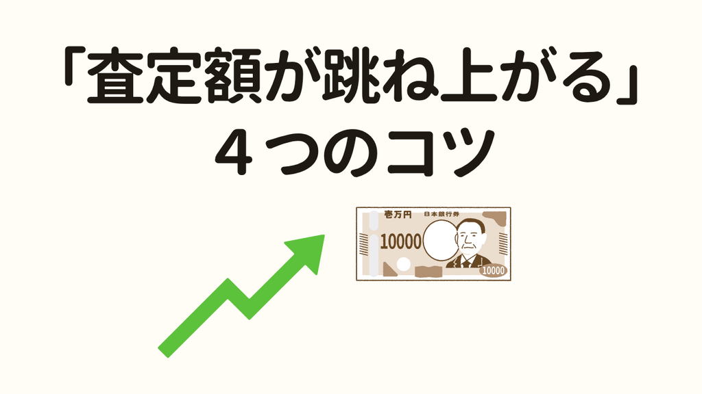 査定額が跳ね上がる4つのコツと右肩上がりの緑色の矢印や一万円札のイラスト