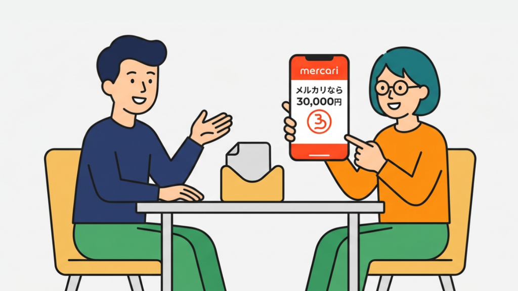 メルカリなら30,000円と表示されたスマートフォンの画面を相手に見せる女性と話を聞く男性のイラスト