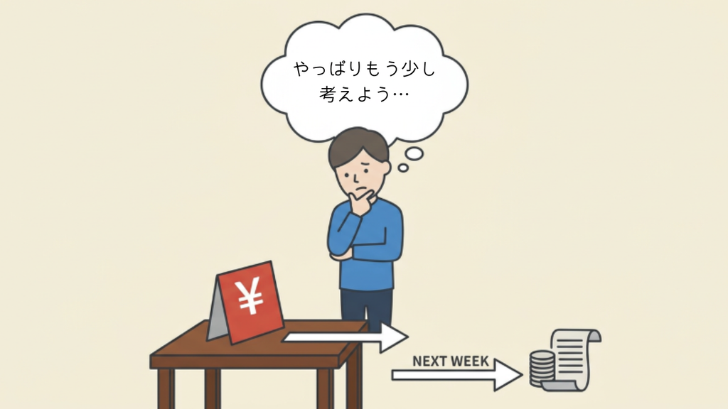 支払いを来週に延ばすべきか悩んでいる男性のイラスト