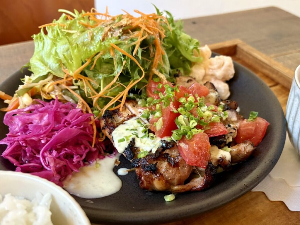 白いソースとトマトに刻みネギをのせた香ばしく焼いた鶏肉と生野菜サラダに紫キャベツを添えた一皿