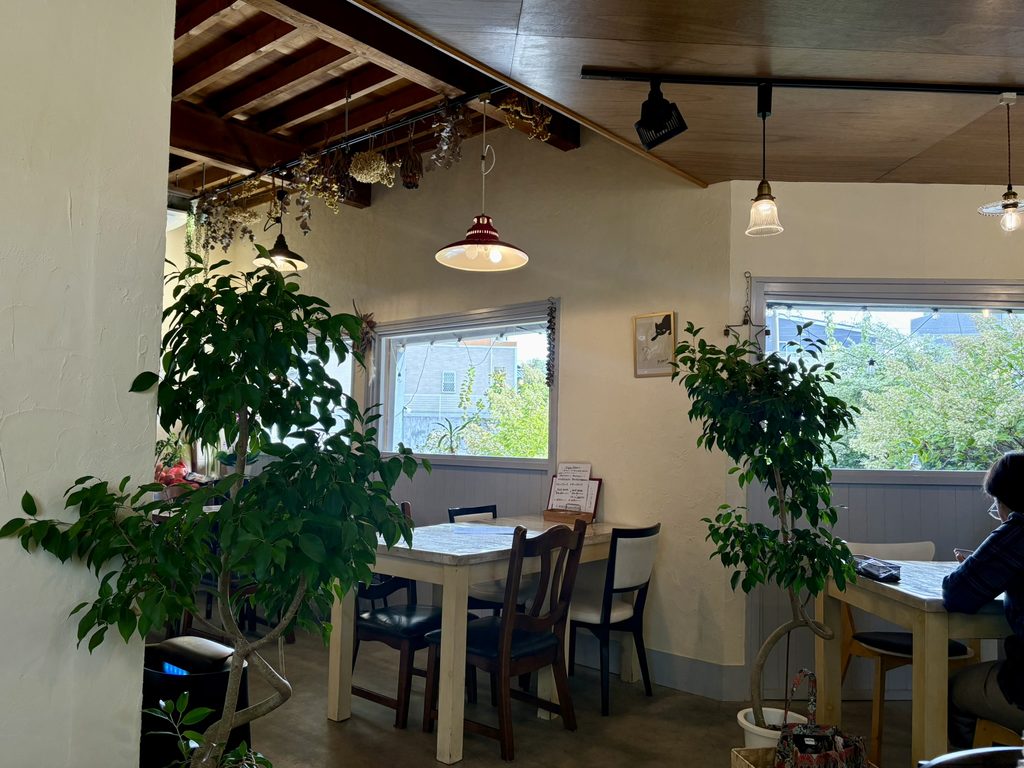 観葉植物と木製のテーブルや椅子が並び吊り下げ照明が灯る温かみのあるカフェの店内